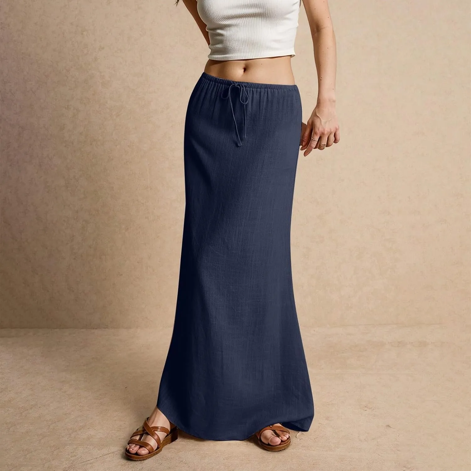 Long Flowy Skirts for Women Summer Womens Linen Maxi Skirt with Slit Comfy Drawstring Low Rise Skirts Plus Size