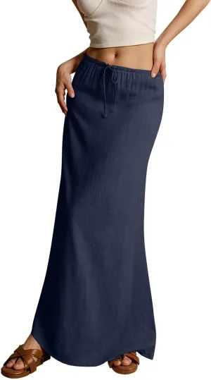Long Flowy Skirts for Women Summer Womens Linen Maxi Skirt with Slit Comfy Drawstring Low Rise Skirts Plus Size