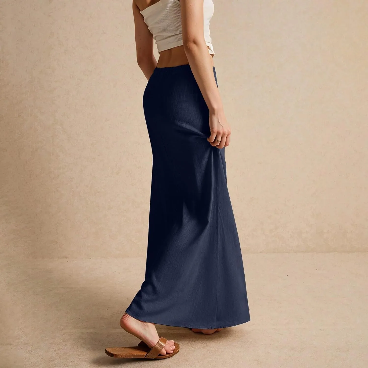 Long Flowy Skirts for Women Summer Womens Linen Maxi Skirt with Slit Comfy Drawstring Low Rise Skirts Plus Size