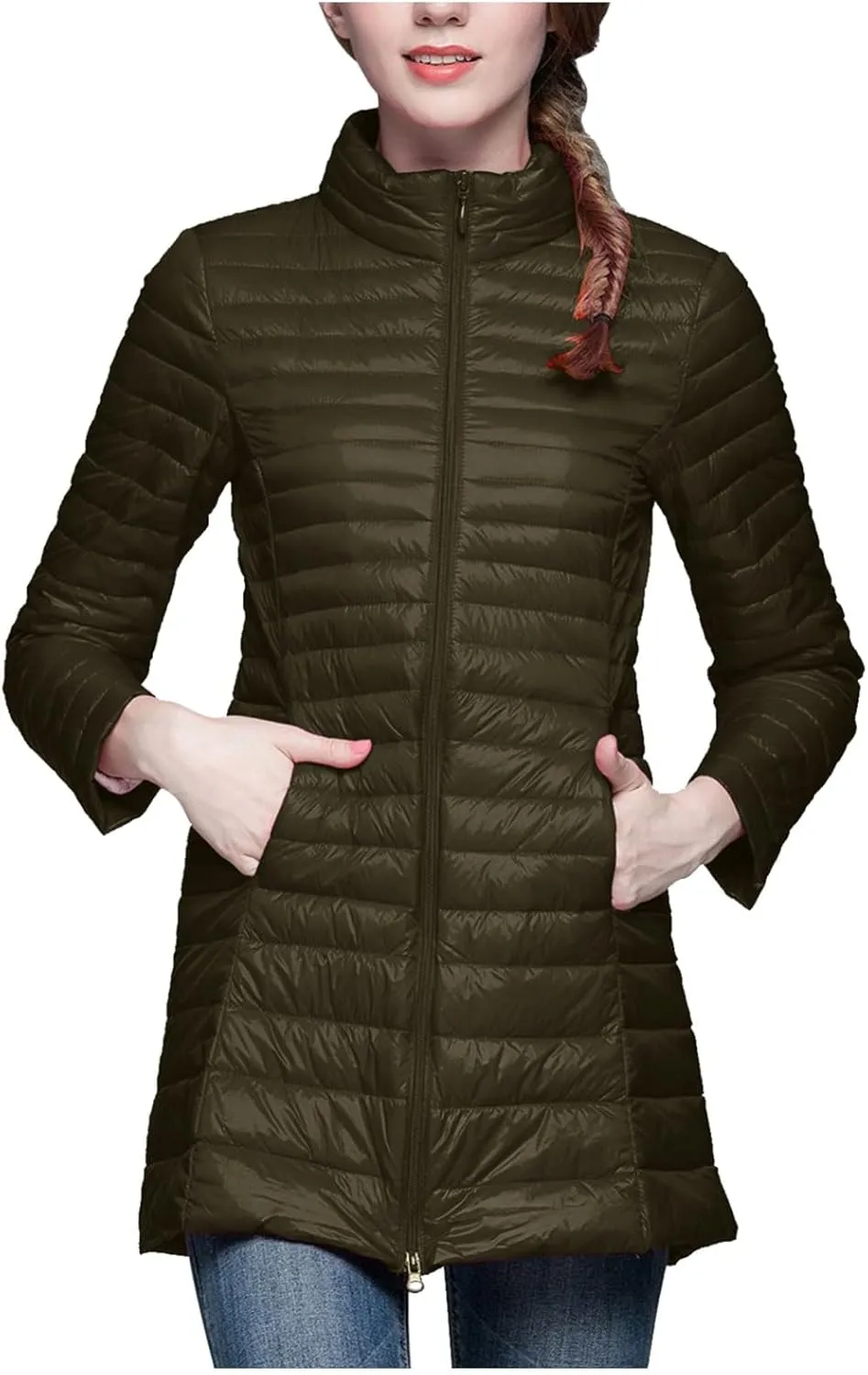 Long Puffer Jackets for Women Lightweight Packable Warm Winter Down Coats Casual Slim Fit Stand Collar Quilted Jacket