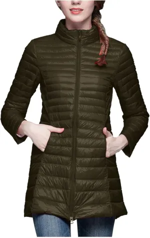 Long Puffer Jackets for Women Lightweight Packable Warm Winter Down Coats Casual Slim Fit Stand Collar Quilted Jacket