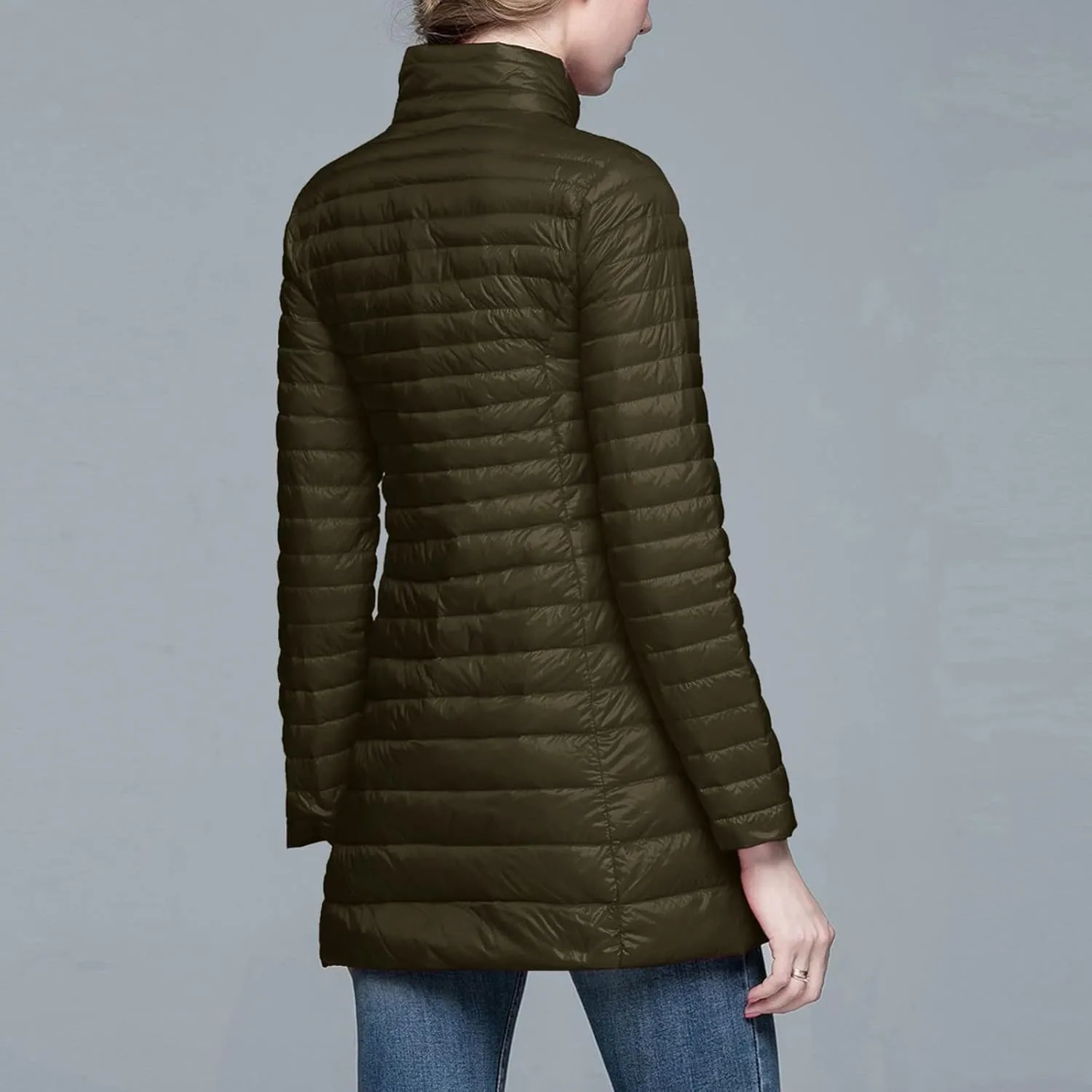 Long Puffer Jackets for Women Lightweight Packable Warm Winter Down Coats Casual Slim Fit Stand Collar Quilted Jacket