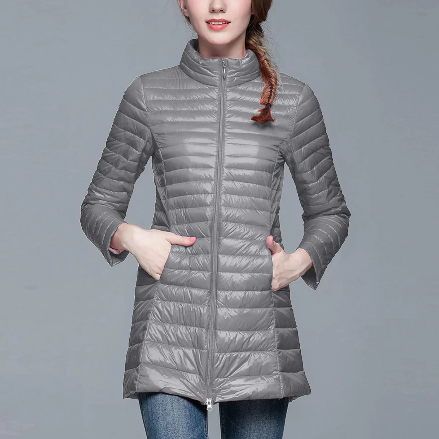 Long Puffer Jackets for Women Lightweight Packable Warm Winter Down Coats Casual Slim Fit Stand Collar Quilted Jacket