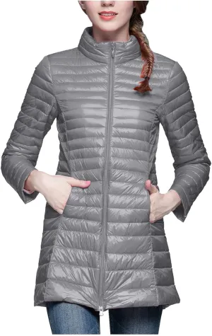 Long Puffer Jackets for Women Lightweight Packable Warm Winter Down Coats Casual Slim Fit Stand Collar Quilted Jacket