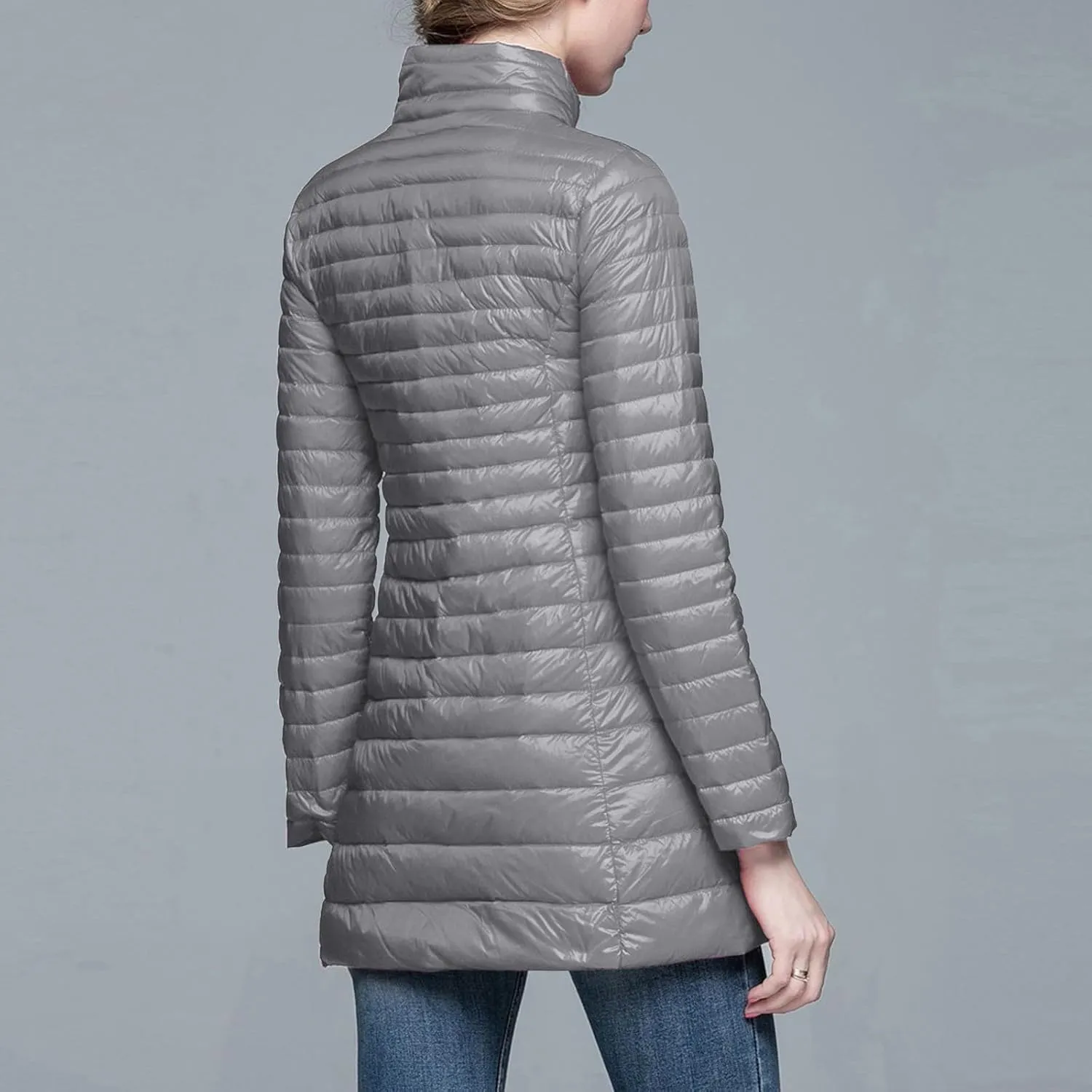 Long Puffer Jackets for Women Lightweight Packable Warm Winter Down Coats Casual Slim Fit Stand Collar Quilted Jacket