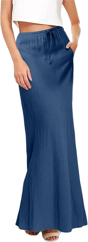 Long Skirts for Women Cotton Linen Boho Maxi Skirt Spring Summer Trendy Vacation Casual Flowy Drawstring Skirts