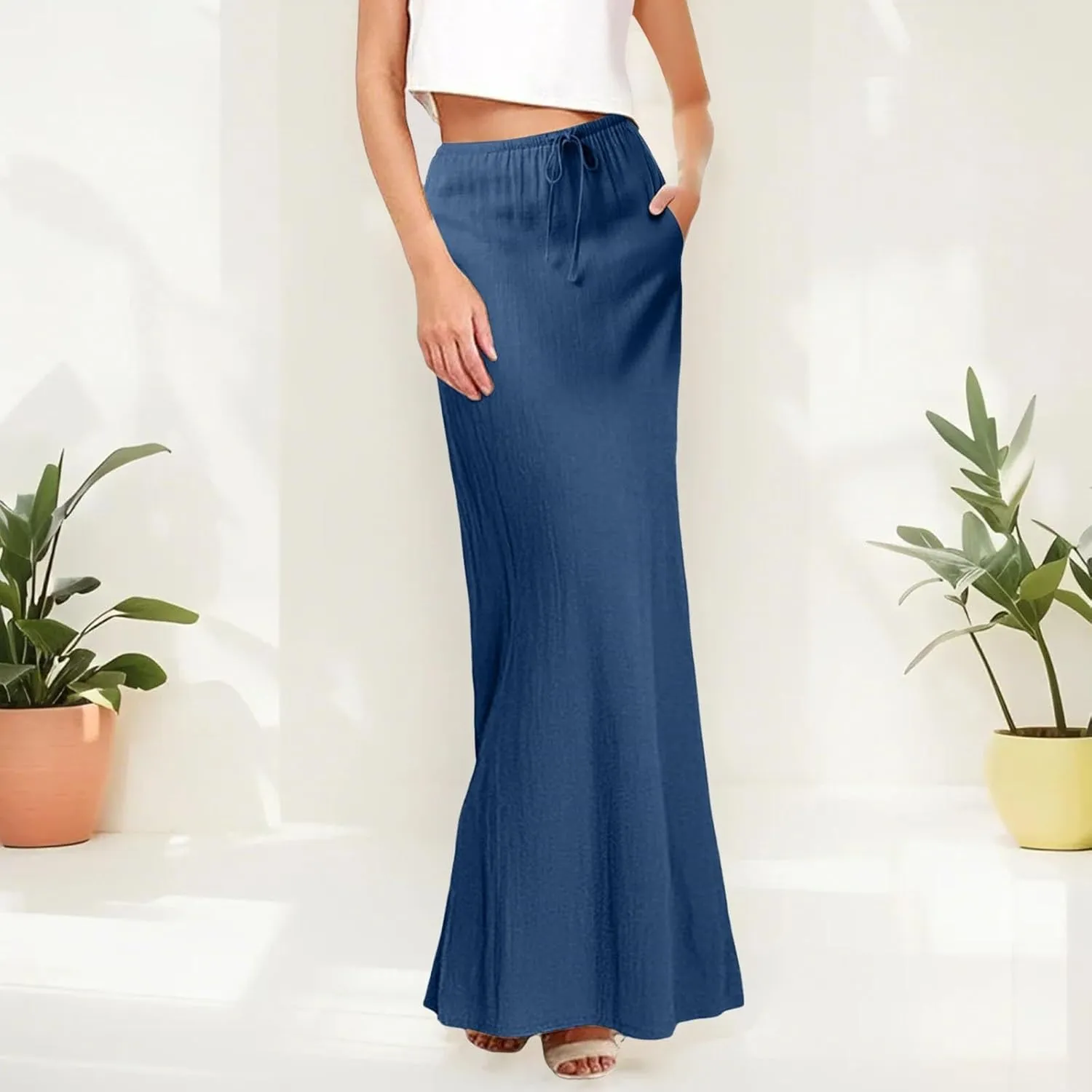 Long Skirts for Women Cotton Linen Boho Maxi Skirt Spring Summer Trendy Vacation Casual Flowy Drawstring Skirts