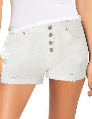 luvamia Women's Ripped Button Fly Denim Shorts High Waisted Folded Hem Short Denim Jeans, Snow White Womens Shorts Size X-Large