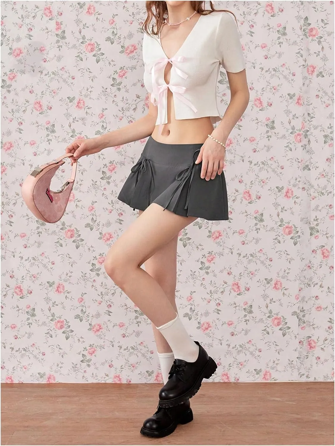 MakeMeChic Women's Y2k Skirts Summer Bowknot Pleated Skirt A Line Preppy Mini Skirts