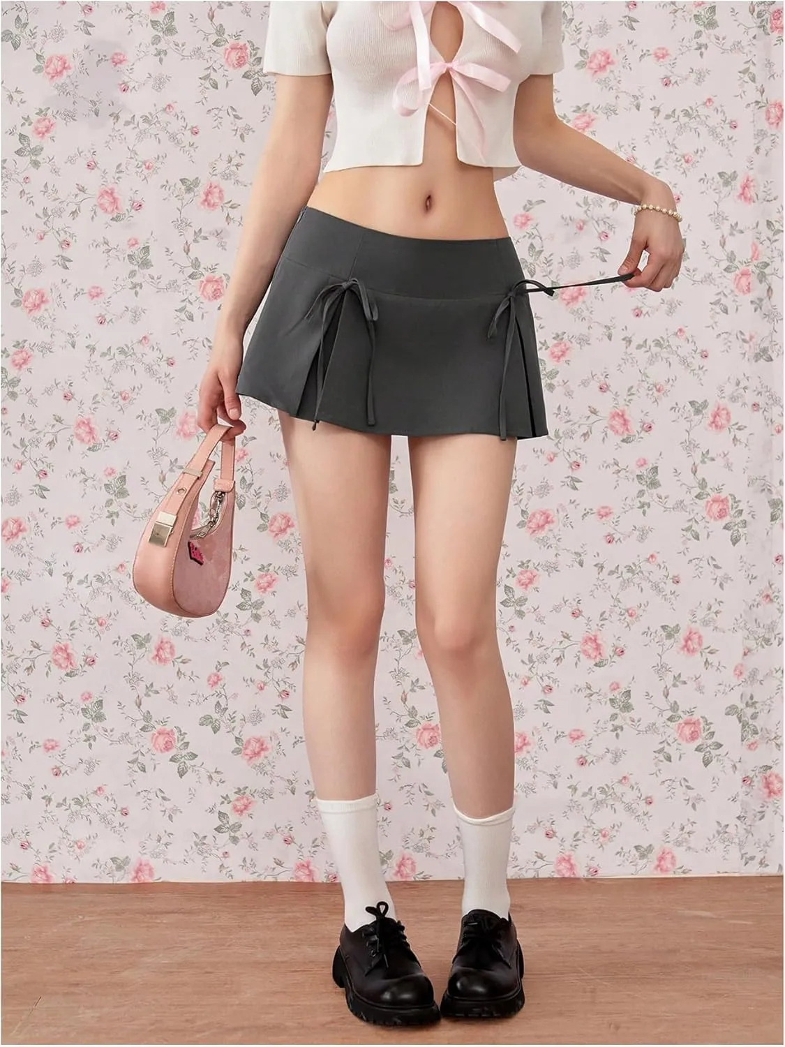 MakeMeChic Women's Y2k Skirts Summer Bowknot Pleated Skirt A Line Preppy Mini Skirts