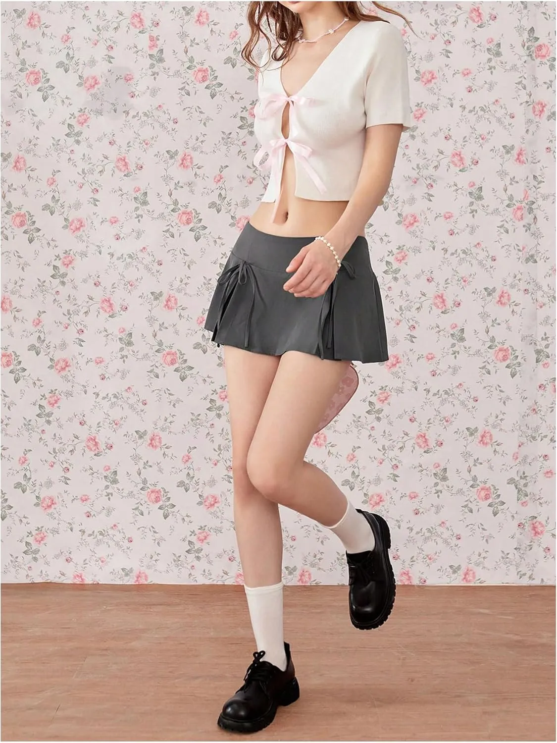 MakeMeChic Women's Y2k Skirts Summer Bowknot Pleated Skirt A Line Preppy Mini Skirts