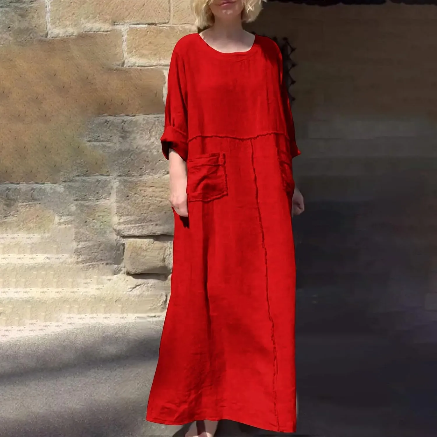 Maxi Dress for Women Cotton Linen Crewneck Flowy Beach Long Dresses Casual Long Sleeve Pleated Dresses with Pocket