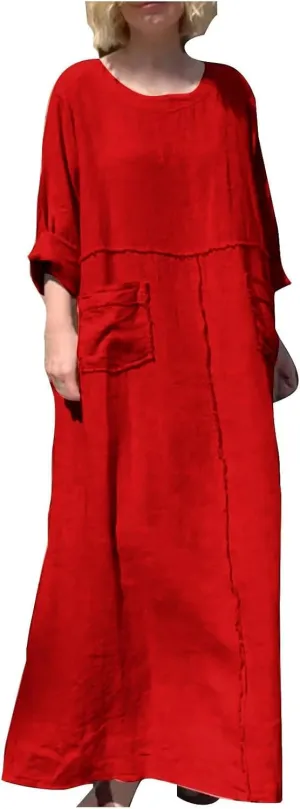 Maxi Dress for Women Cotton Linen Crewneck Flowy Beach Long Dresses Casual Long Sleeve Pleated Dresses with Pocket