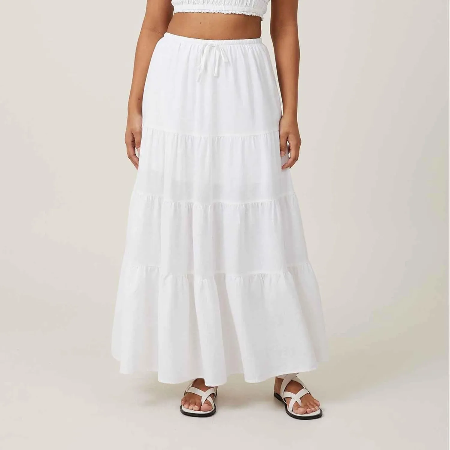 Maxi Skirt for Women Summer Comfy Tiered Drawstring Elastic High Waisted Vacation A-Line Flowy Swing Long Skirts