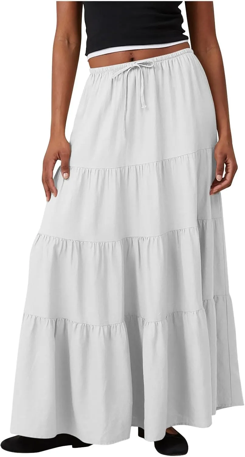 Maxi Skirt for Women Summer Comfy Tiered Drawstring Elastic High Waisted Vacation A-Line Flowy Swing Long Skirts