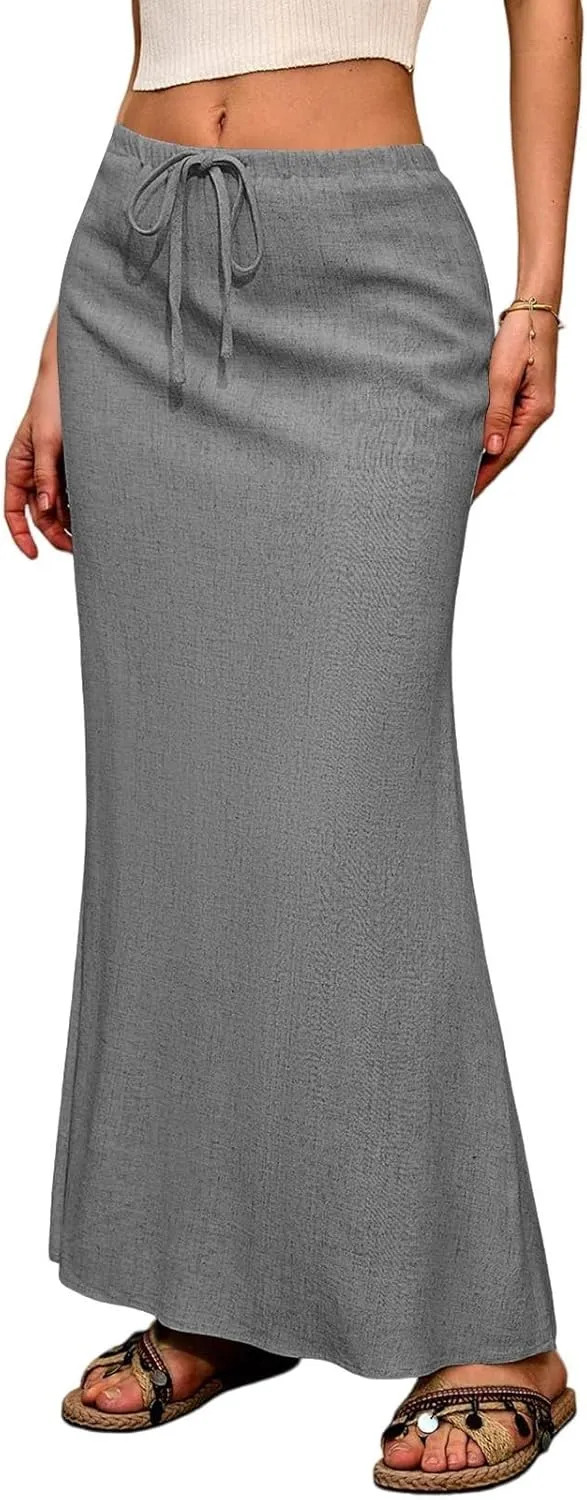 Maxi Skirts for Women 2025 Summer Linen Fishtail Split Long Skirts Drawstring Low Waist Vacation Boho Flowy Skirt