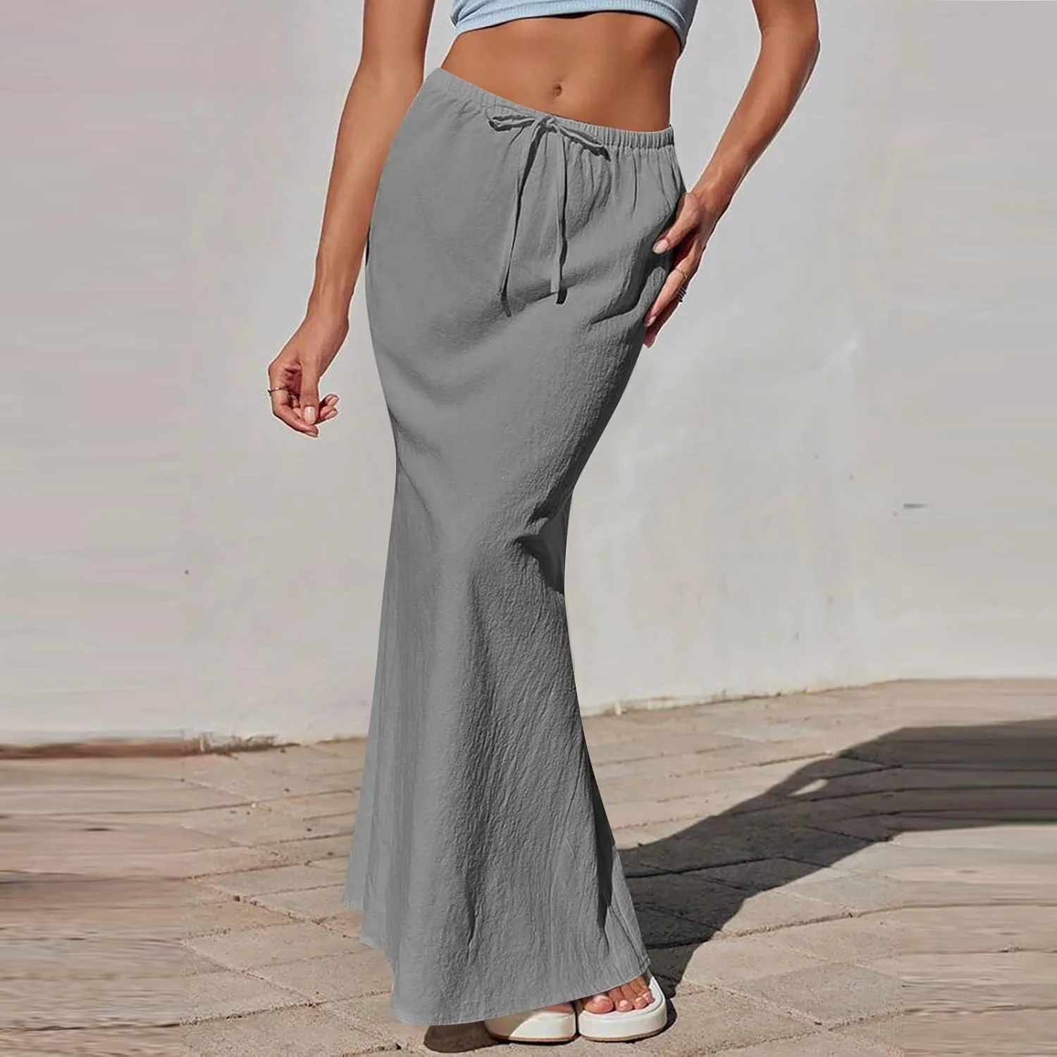 Maxi Skirts for Women 2025 Summer Linen Fishtail Split Long Skirts Drawstring Low Waist Vacation Boho Flowy Skirt