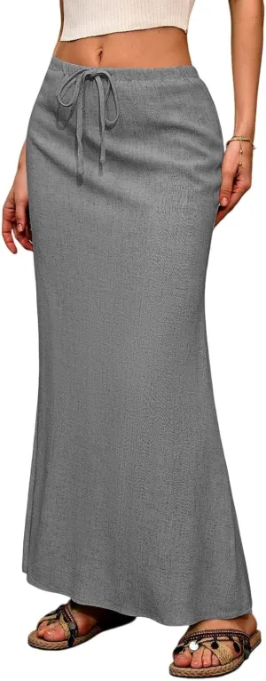 Maxi Skirts for Women 2025 Summer Linen Fishtail Split Long Skirts Drawstring Low Waist Vacation Boho Flowy Skirt