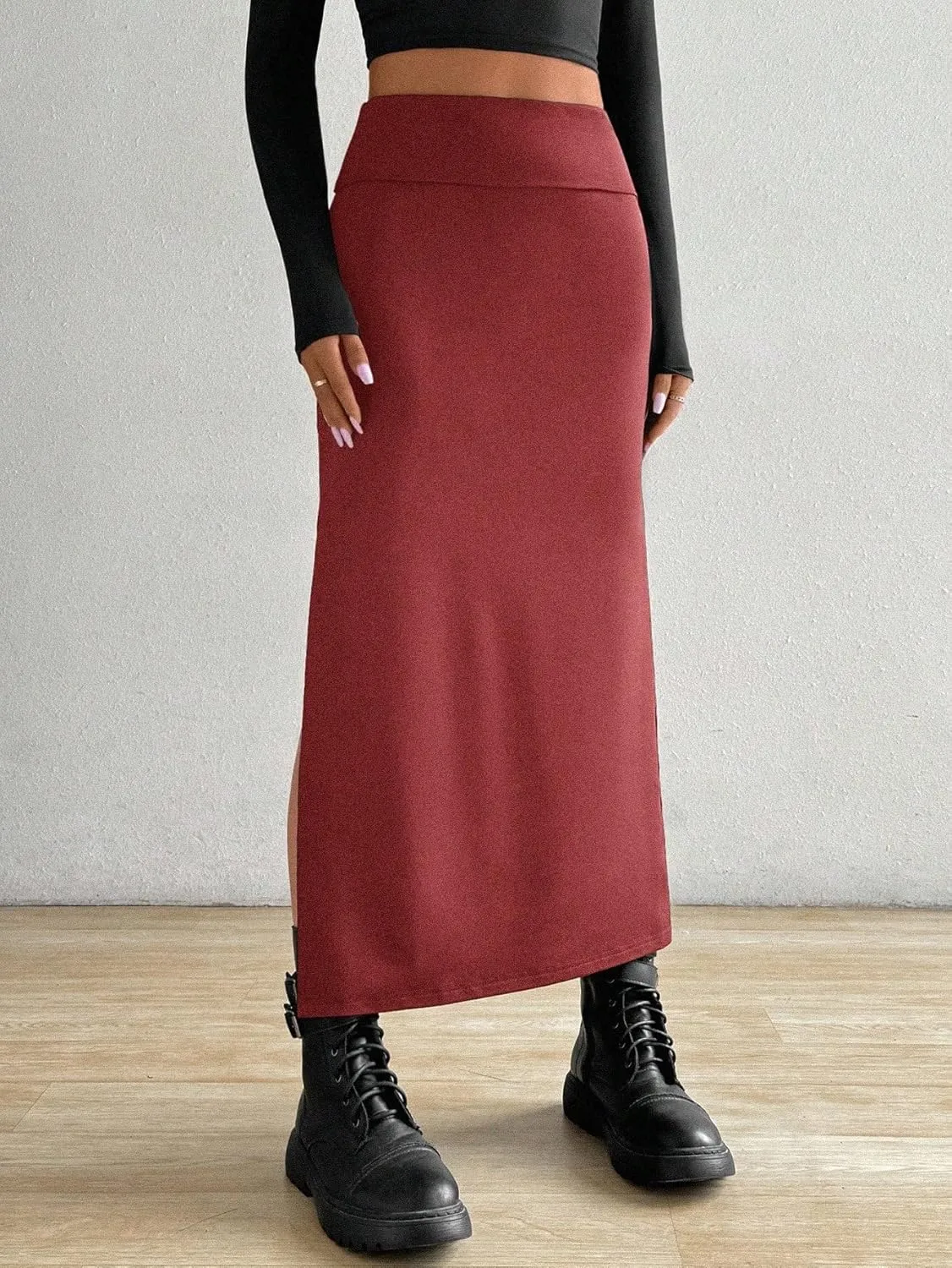 Maxi Skirts for Women Solid Color A-Line Slit Pencil Skirt