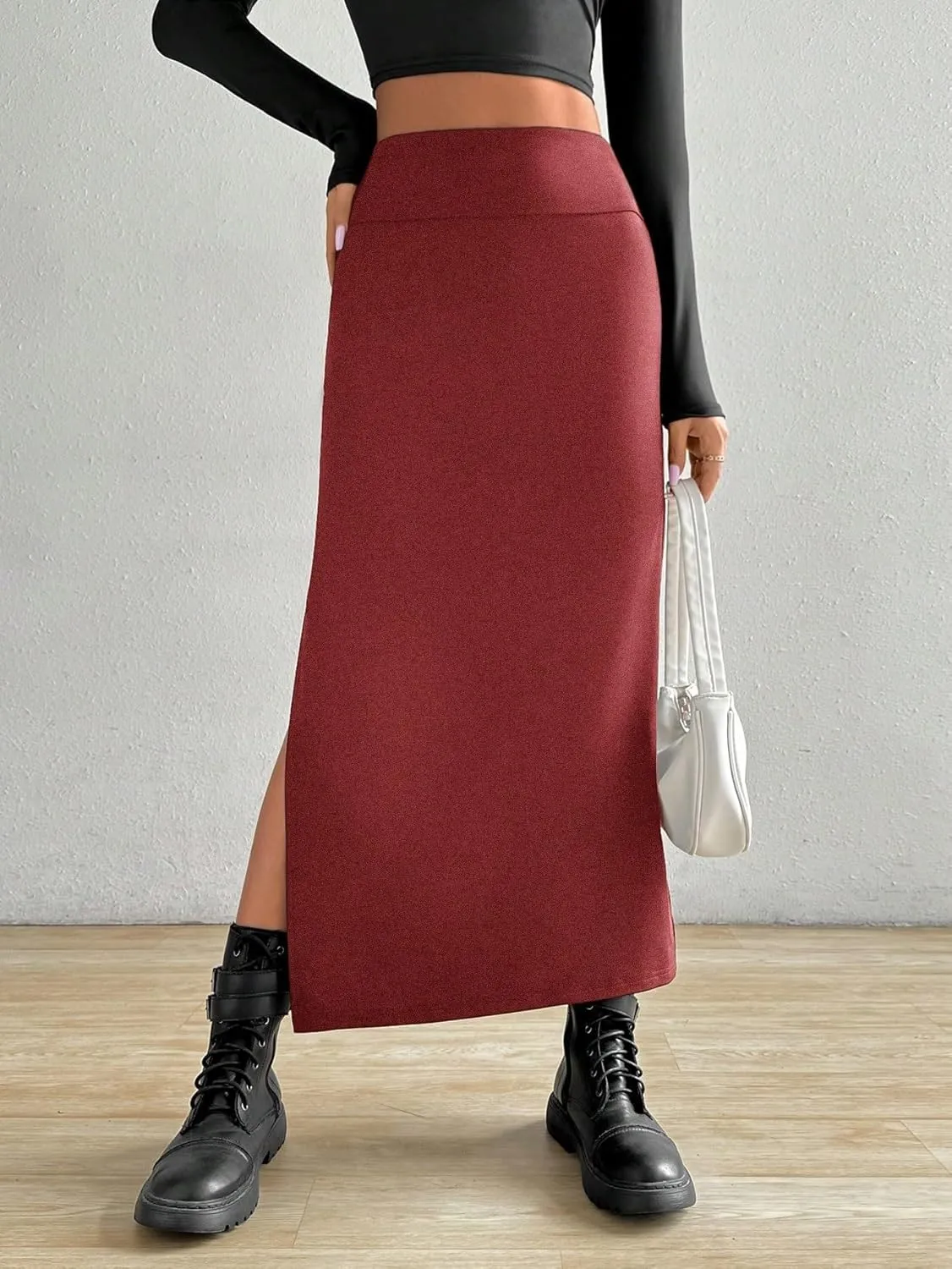 Maxi Skirts for Women Solid Color A-Line Slit Pencil Skirt