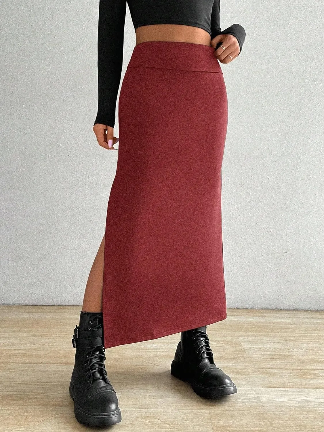 Maxi Skirts for Women Solid Color A-Line Slit Pencil Skirt