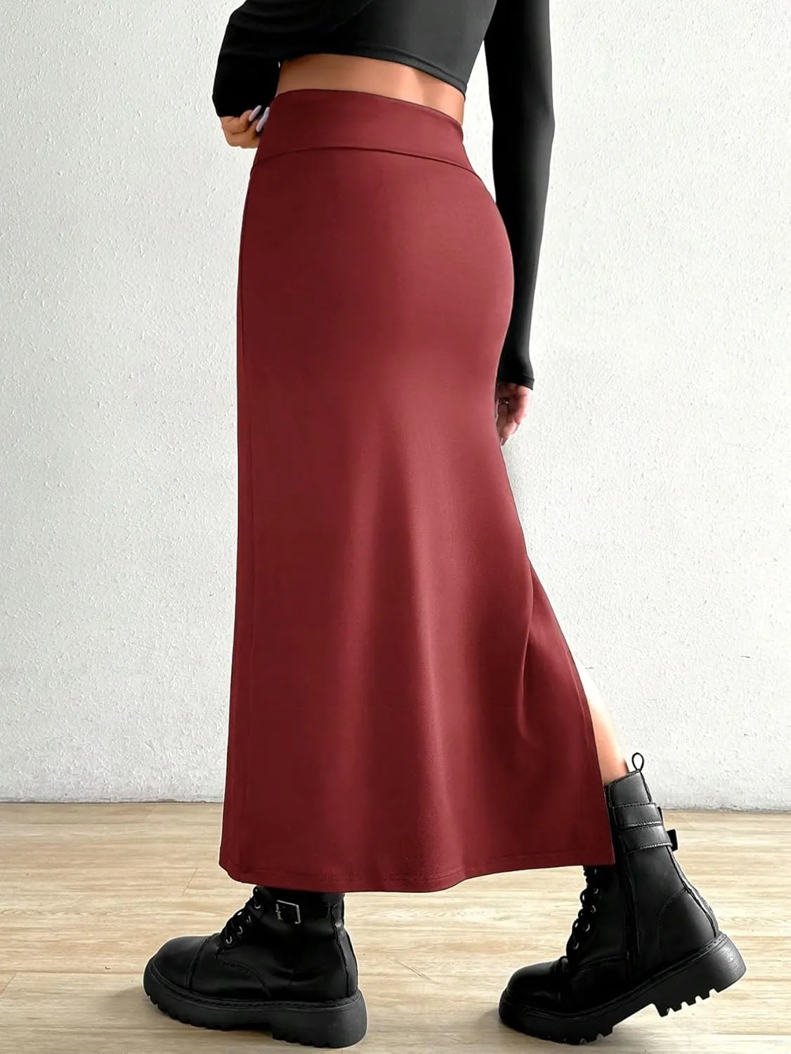 Maxi Skirts for Women Solid Color A-Line Slit Pencil Skirt