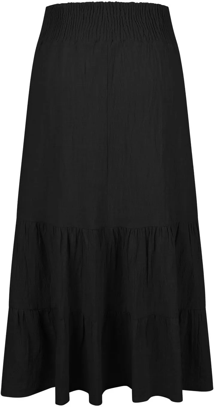 Maxi Skirts for Women Solid Color Ruffle Tiered Pleated Elastic High Waisted Skirt Summer Casual Flowy A Line Skirts