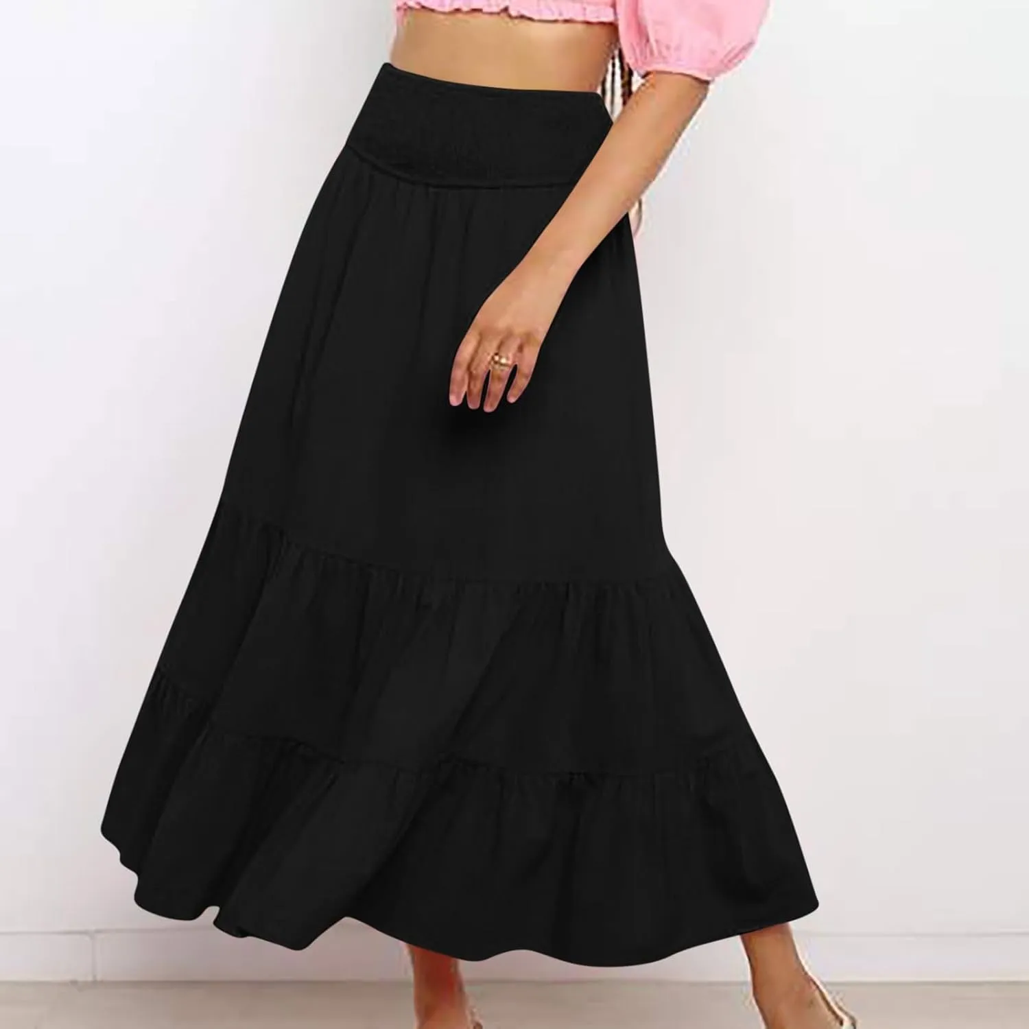 Maxi Skirts for Women Solid Color Ruffle Tiered Pleated Elastic High Waisted Skirt Summer Casual Flowy A Line Skirts