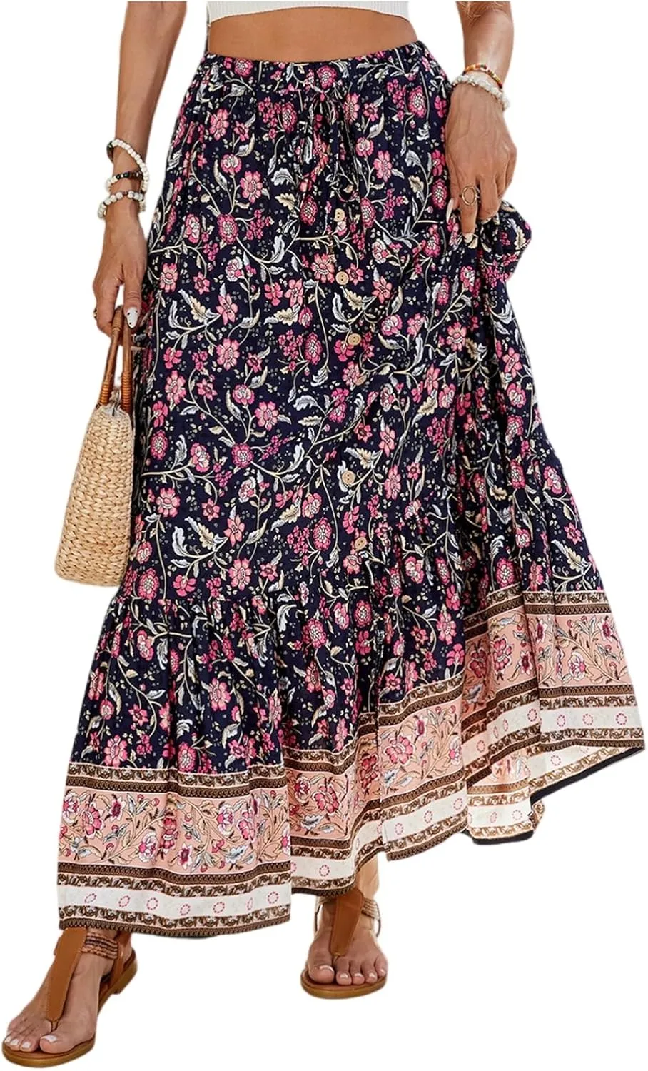 Maxi Skirts for Women,2025 Summer Flowy Tiered Pleated A Line Long Skirts,Trendy Vintage Floral Vacation Boho Skirts
