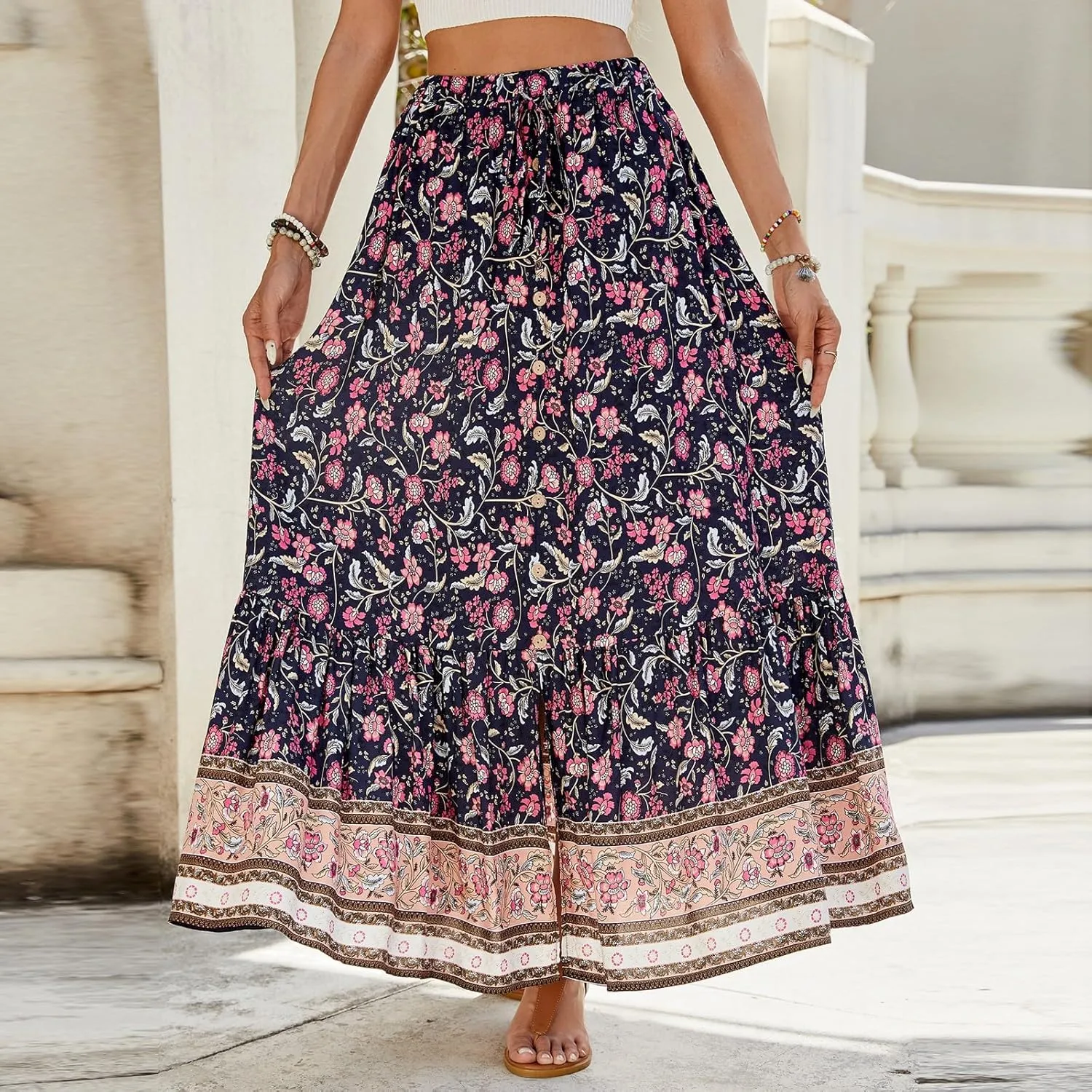 Maxi Skirts for Women,2025 Summer Flowy Tiered Pleated A Line Long Skirts,Trendy Vintage Floral Vacation Boho Skirts