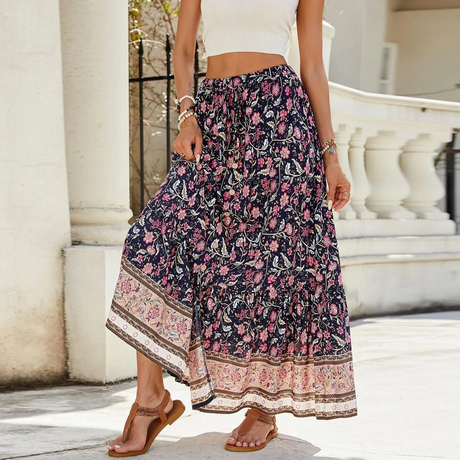 Maxi Skirts for Women,2025 Summer Flowy Tiered Pleated A Line Long Skirts,Trendy Vintage Floral Vacation Boho Skirts