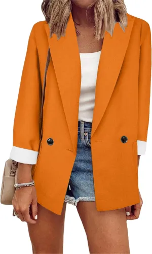 MAYRAIN Women's Casual Solid Color Blazers Utility Pockets Lapel Outerwears Spring-Summer Business Cardigan Jackets