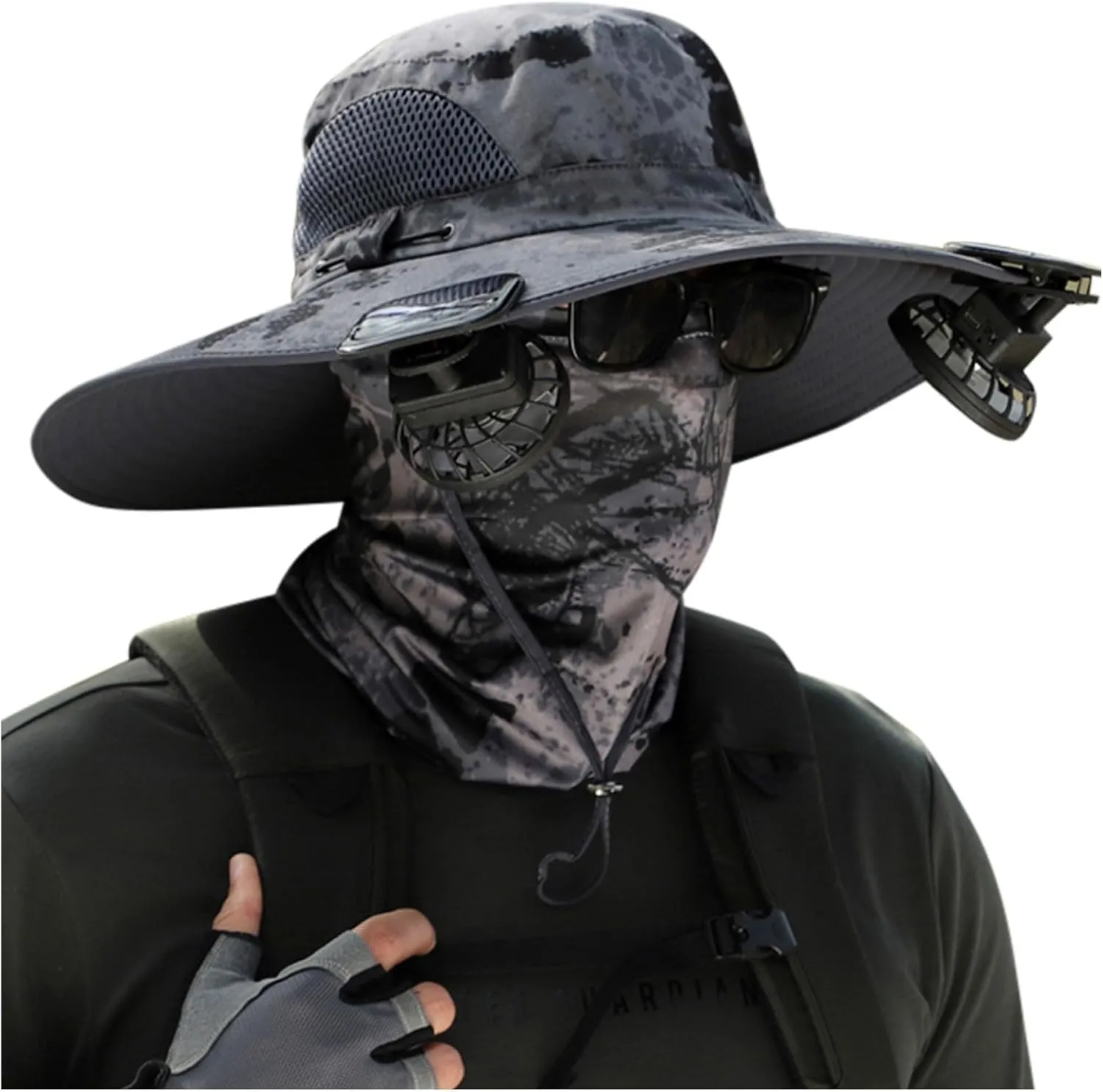 Men Women Wide Brim Sun Hats with 2 Solar Fan Waterproof Breathable Bucket Hat Outdoor Fishing Hat for Hiking Camping