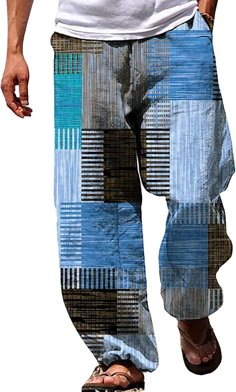 Men's Boho Cotton Linen Pants Casual Loose Fit Straight-Legs Stretchy Waist Beach Pants Athletic Sports Trousers