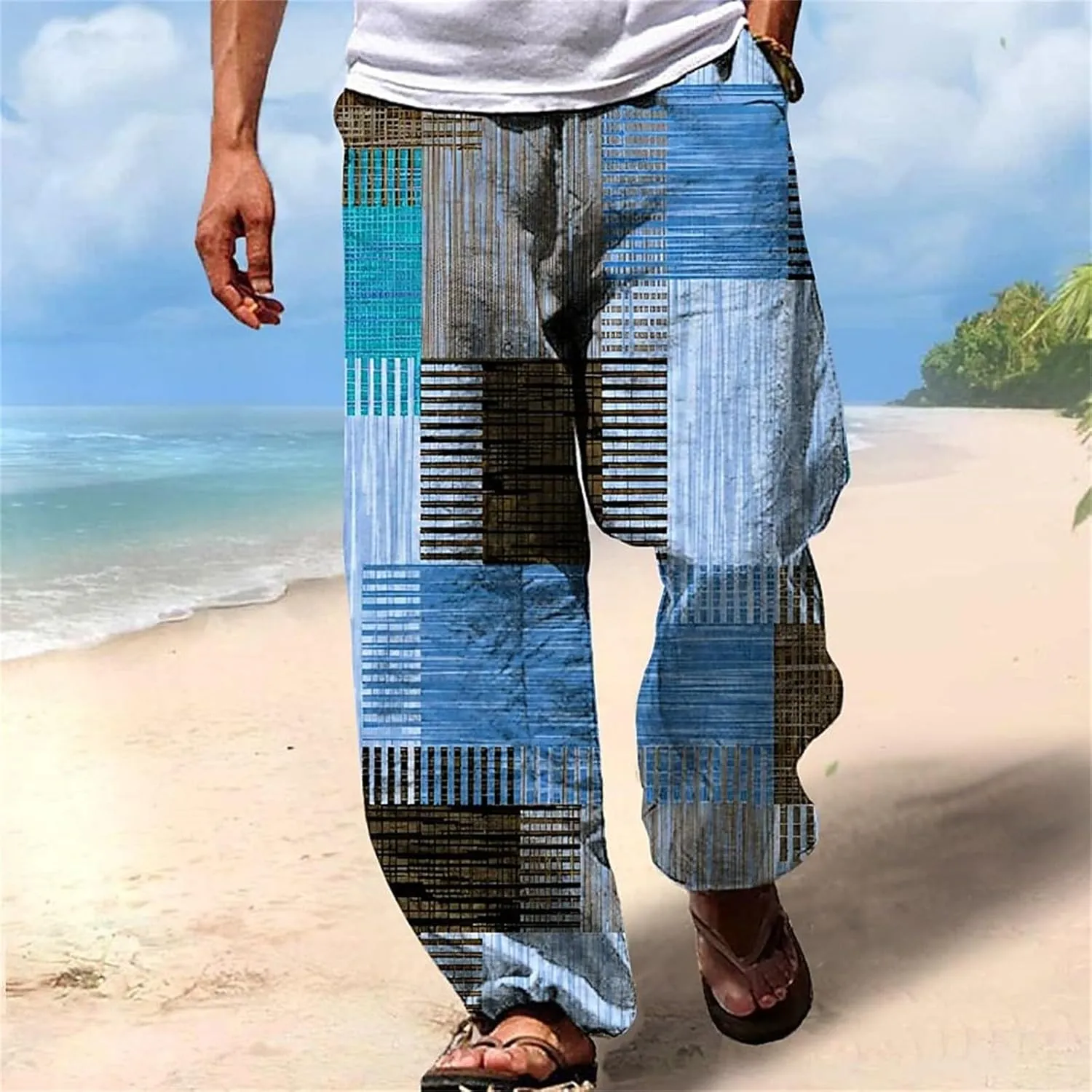 Men's Boho Cotton Linen Pants Casual Loose Fit Straight-Legs Stretchy Waist Beach Pants Athletic Sports Trousers
