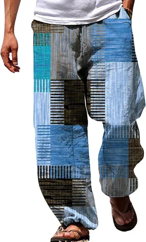 Men's Boho Cotton Linen Pants Casual Loose Fit Straight-Legs Stretchy Waist Beach Pants Athletic Sports Trousers