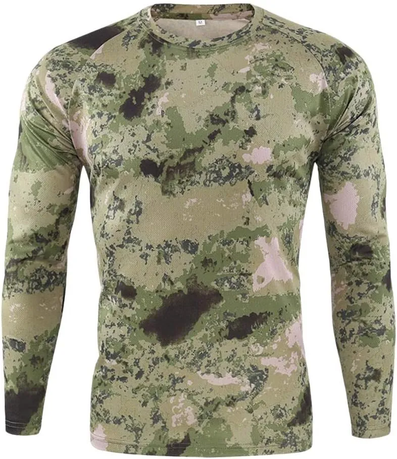 Men's Camo T Shirts Casual Long Sleeve Crew Neck Compression Shirt Outdoor Hunting T-Shirt Gym Athletic Running Tops
