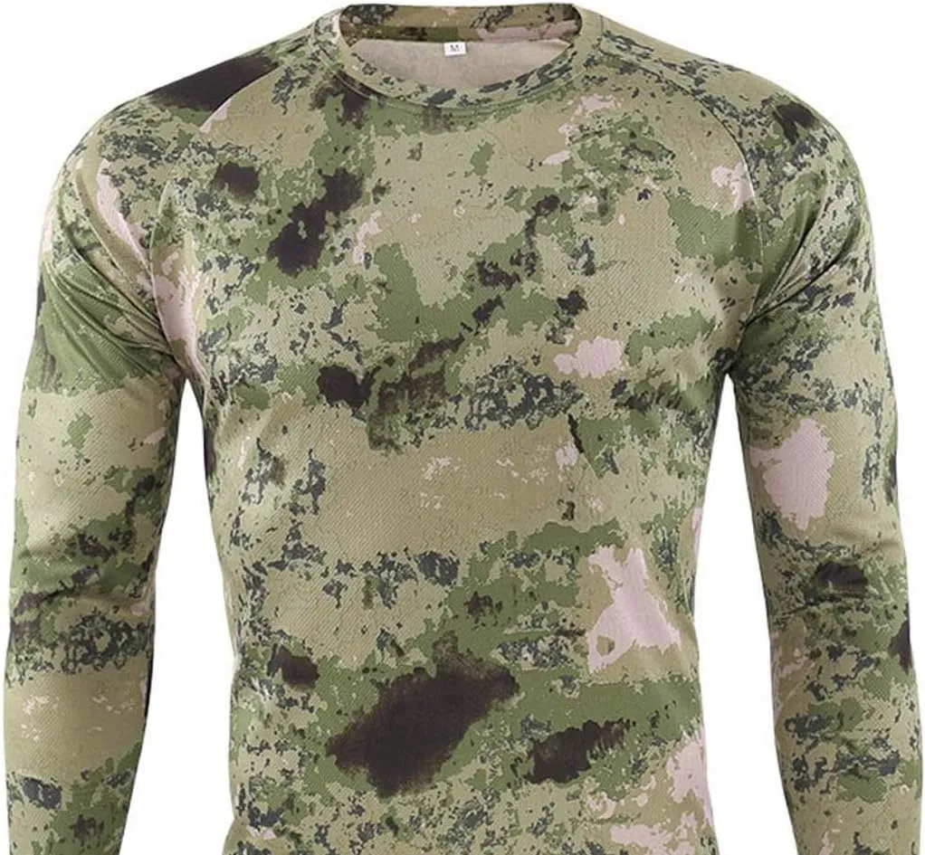 Men's Camo T Shirts Casual Long Sleeve Crew Neck Compression Shirt Outdoor Hunting T-Shirt Gym Athletic Running Tops