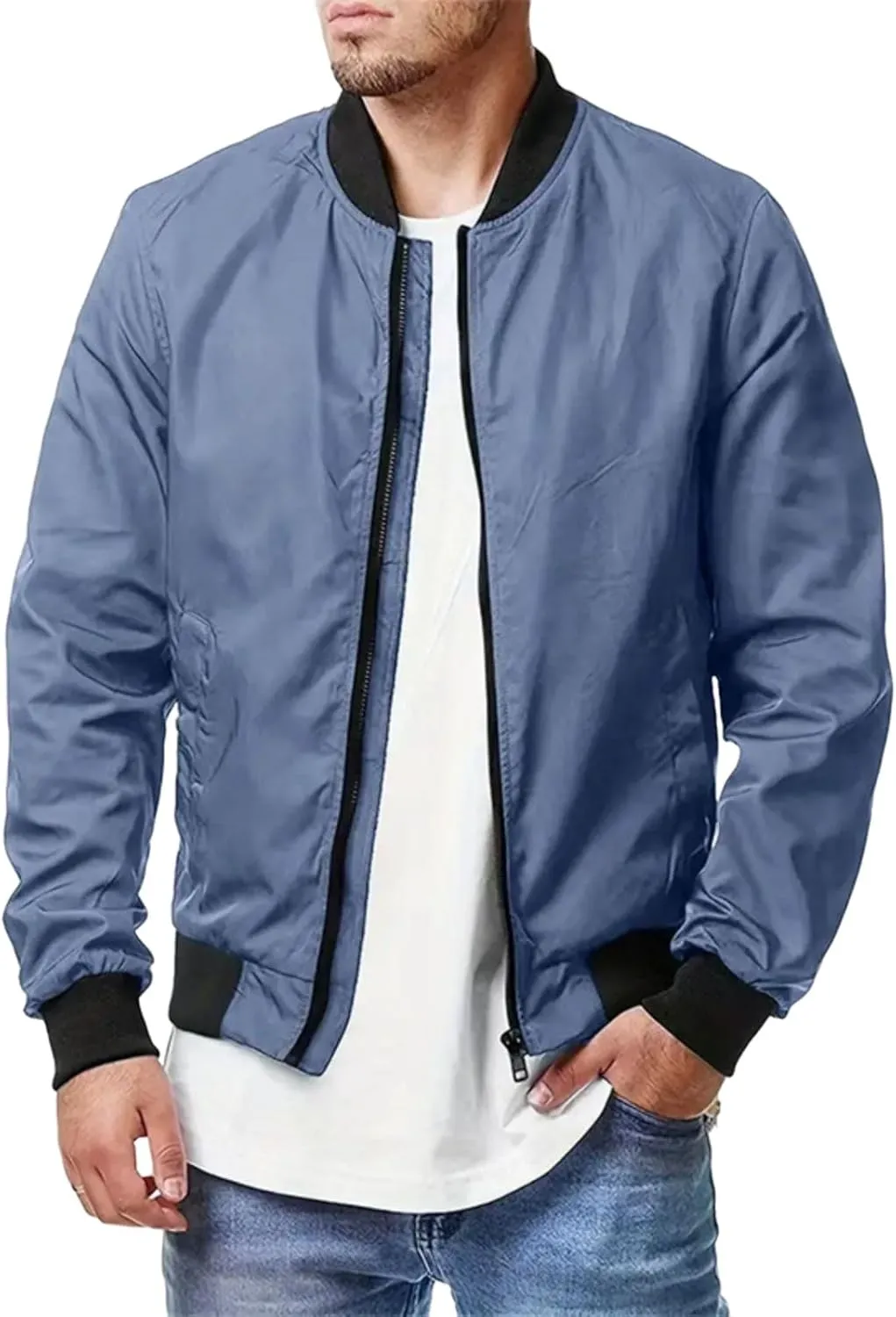 Mens Casual Bomber Jackets Lightweight Windbreaker Summer Jacket Long Sleeve Plain Coats Fashion Fall Tops for Mens