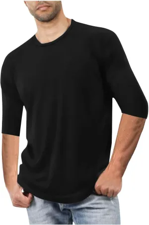 Men's Casual T-Shirts 3/4 Sleeve Crew Neck Athletic Gym Tees Stretch Slim Solid Baggy Sport Fitness Workout Shirts
