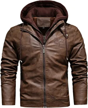Mens Casual Zipper Jackets Faux Leather Motorcycle Detachable Hooded Jacket Fall Winter Bomber Jacket Moto Outerwear