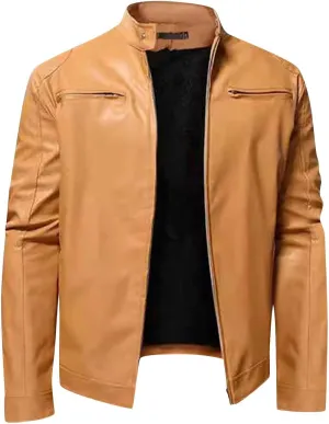 Men's Classic Black Moto Leather Jacket with Zipper Front Solid Color Long Sleeved Casual Leather Motorcycle Jackets