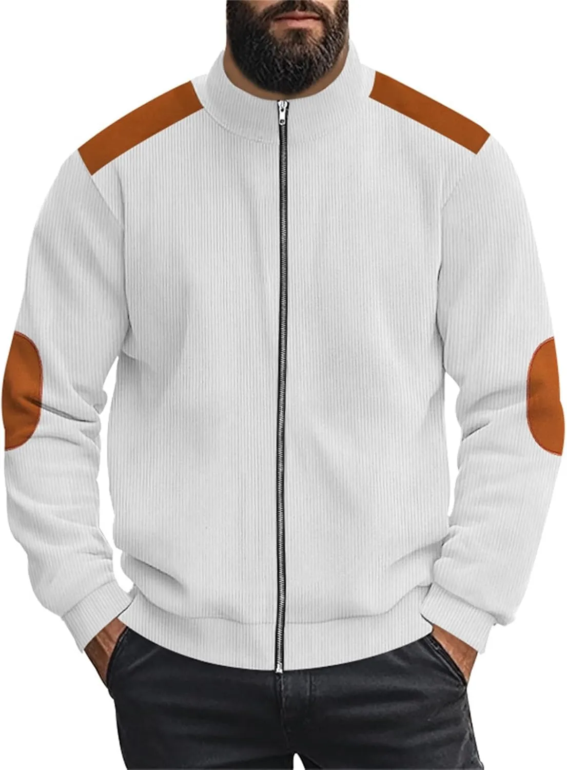 Men's Corduroy Zip Up Jackets Casual Lightweight Stand Collar Stripe Cardigan Trendy Patchwork Long Sleeve Coats