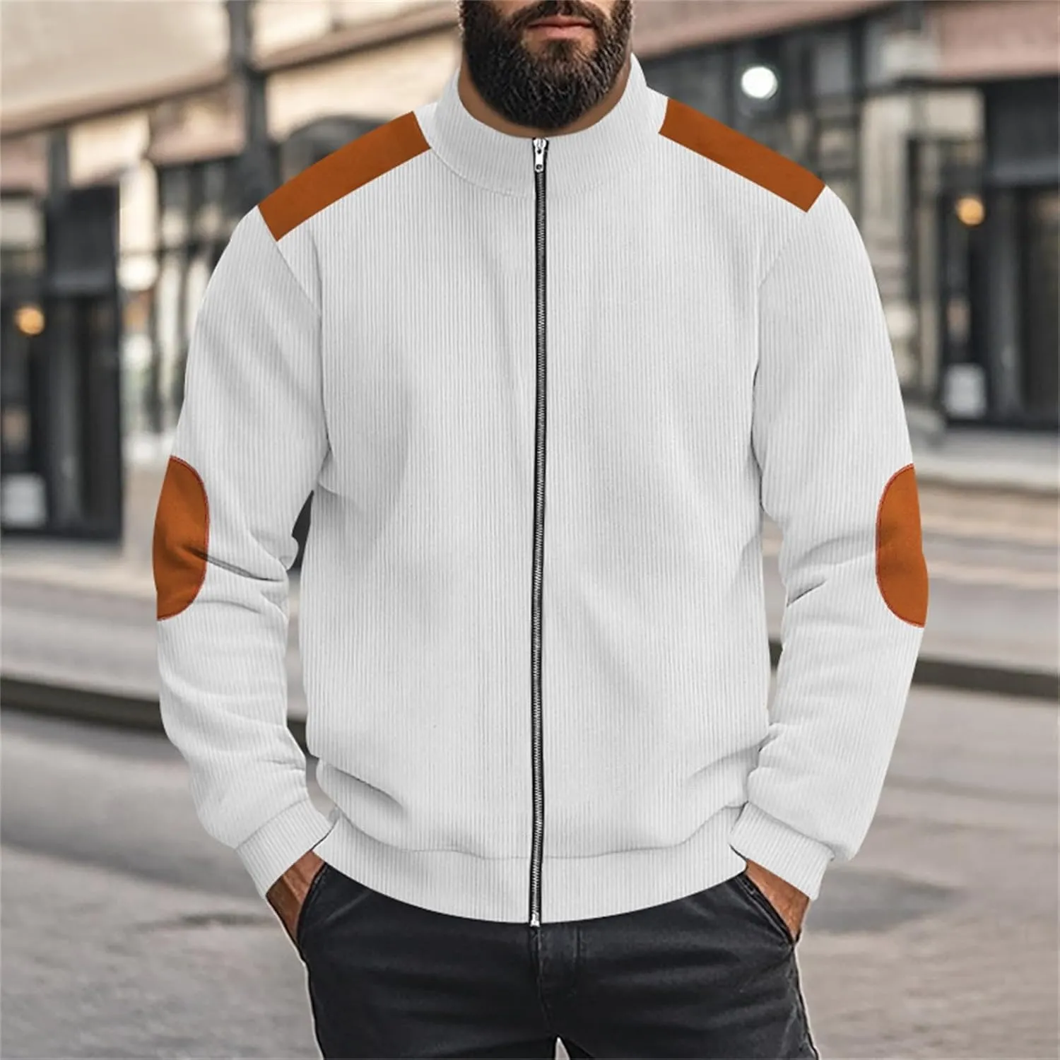 Men's Corduroy Zip Up Jackets Casual Lightweight Stand Collar Stripe Cardigan Trendy Patchwork Long Sleeve Coats
