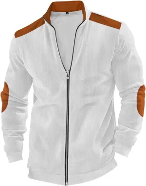 Men's Corduroy Zip Up Jackets Casual Lightweight Stand Collar Stripe Cardigan Trendy Patchwork Long Sleeve Coats