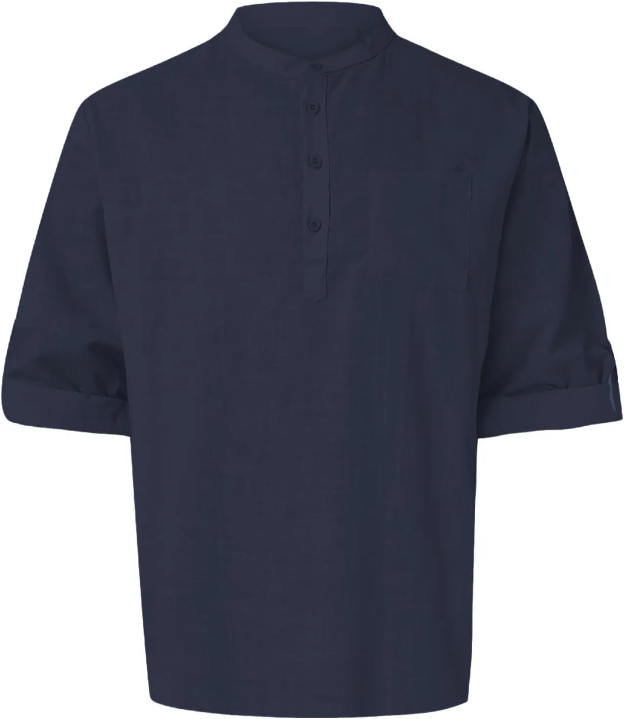 Men's Cotton Linen Henley T-Shirts Roll-Up Sleeve Buttons Down Hippie Tops Casual Summer Beach T-Shirts with Pocket