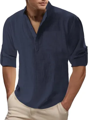 Men's Cotton Linen Henley T-Shirts Roll-Up Sleeve Buttons Down Hippie Tops Casual Summer Beach T-Shirts with Pocket