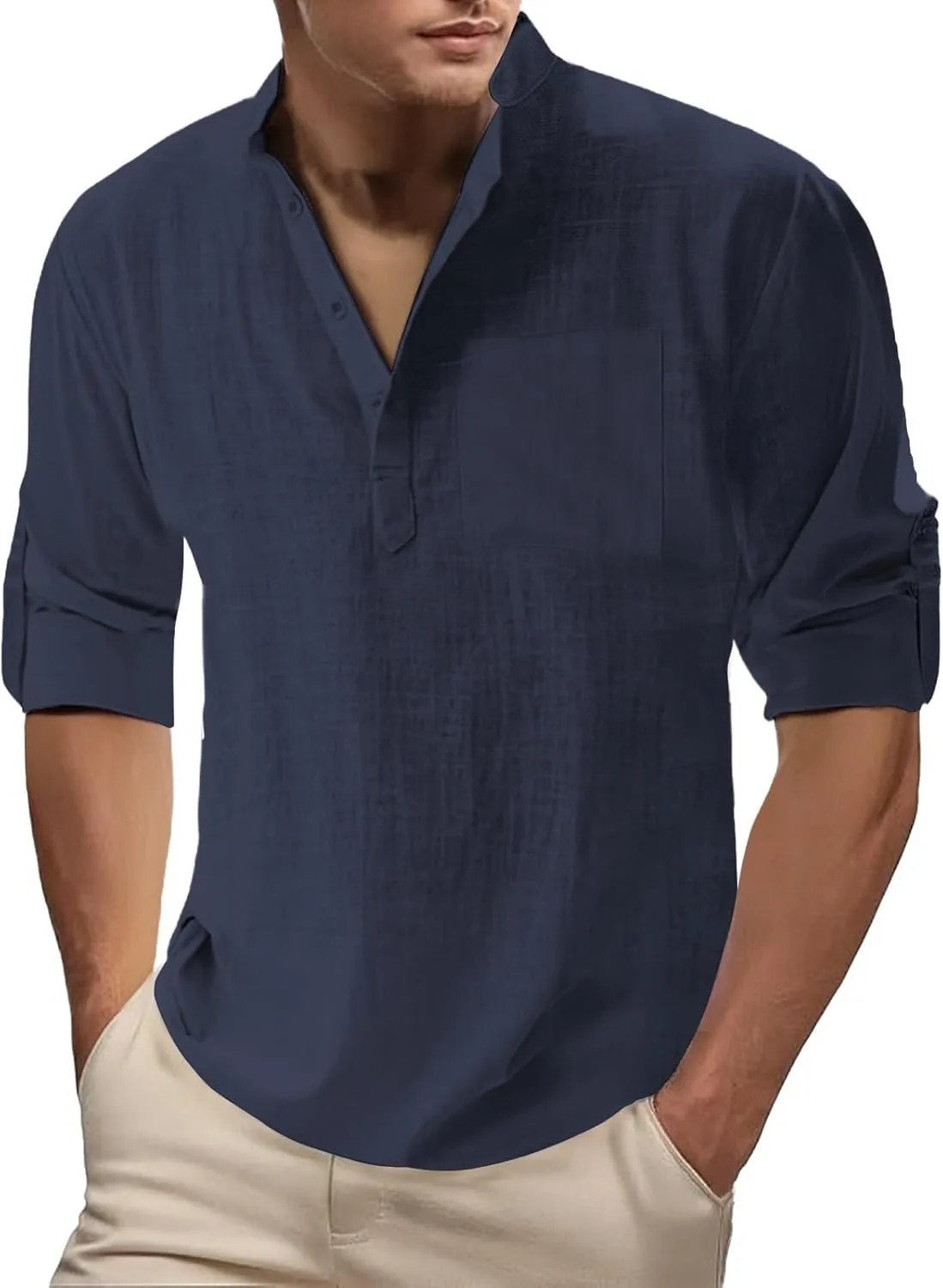 Men's Cotton Linen Henley T-Shirts Roll-Up Sleeve Buttons Down Hippie Tops Casual Summer Beach T-Shirts with Pocket