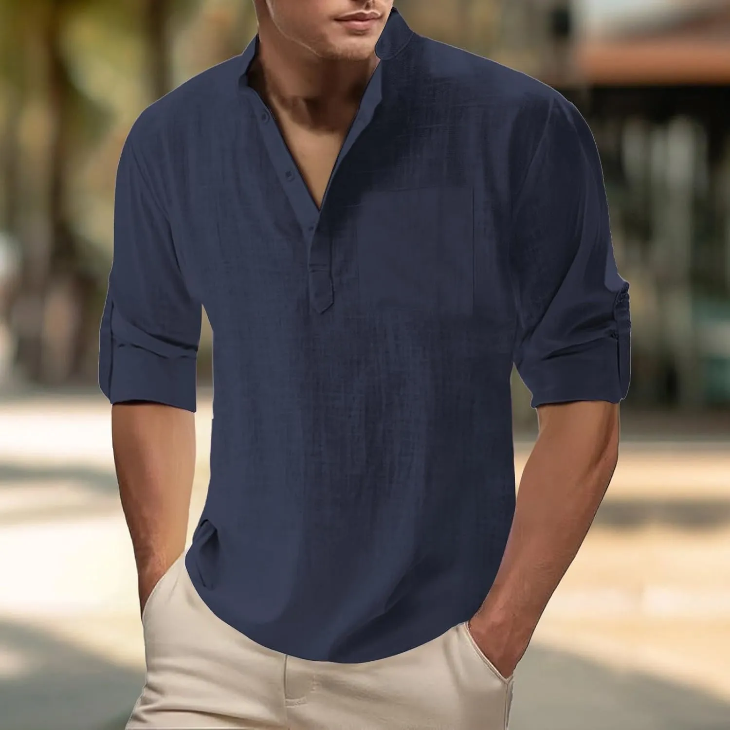 Men's Cotton Linen Henley T-Shirts Roll-Up Sleeve Buttons Down Hippie Tops Casual Summer Beach T-Shirts with Pocket