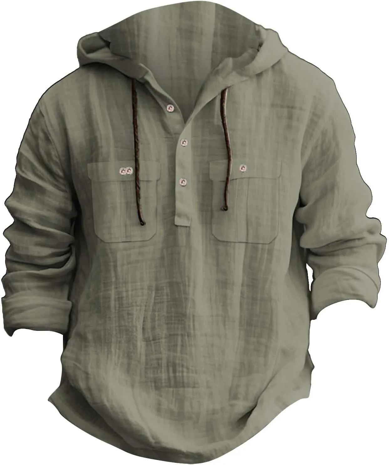 Men's Cotton Linen Shirts Lightweight Lace Up Long Sleeve Hoodies Summer Casual V Neck T Shirt Thin Breathable Tees